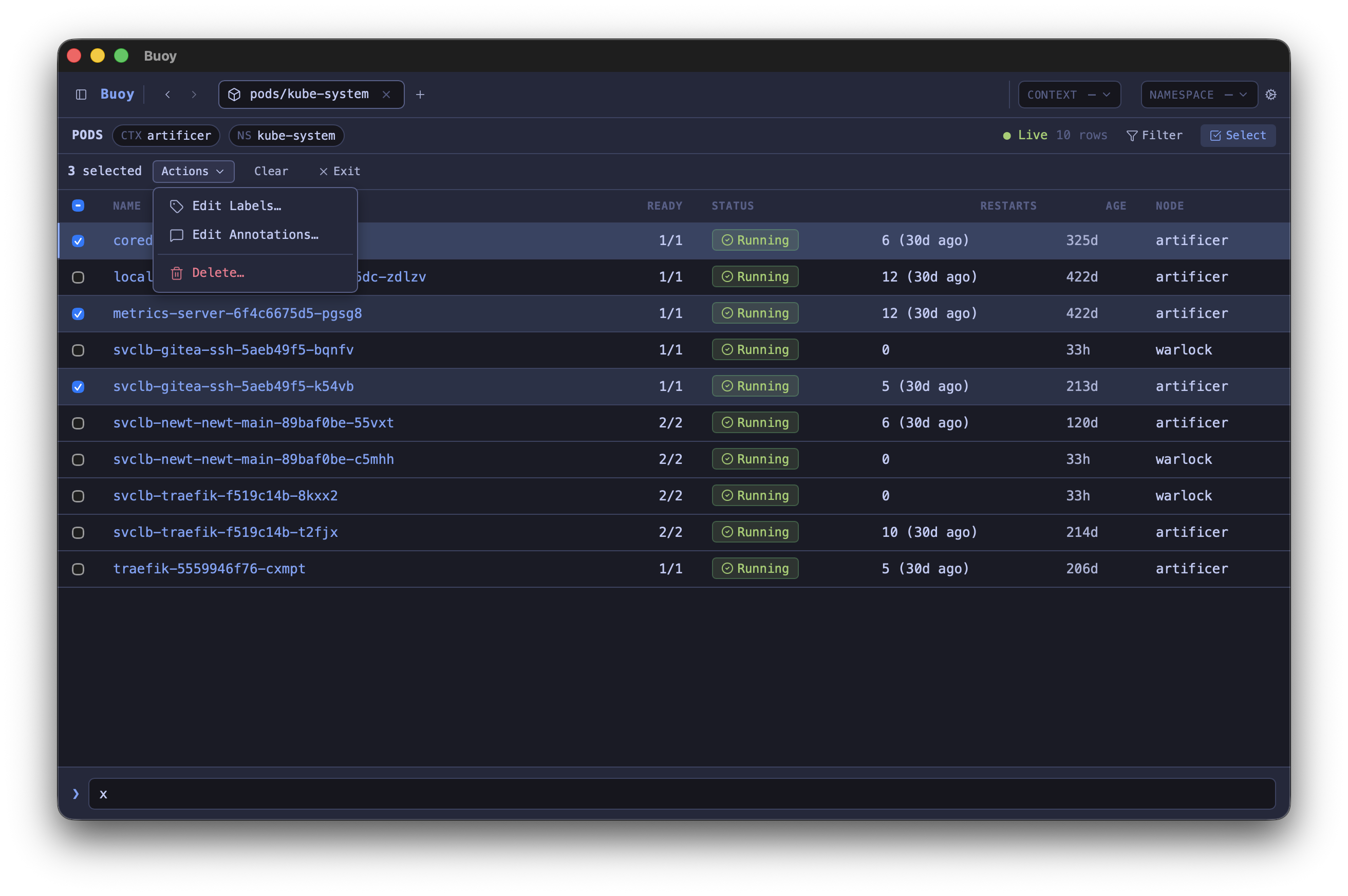 Bulk actions bar with selected pods and the Actions menu open