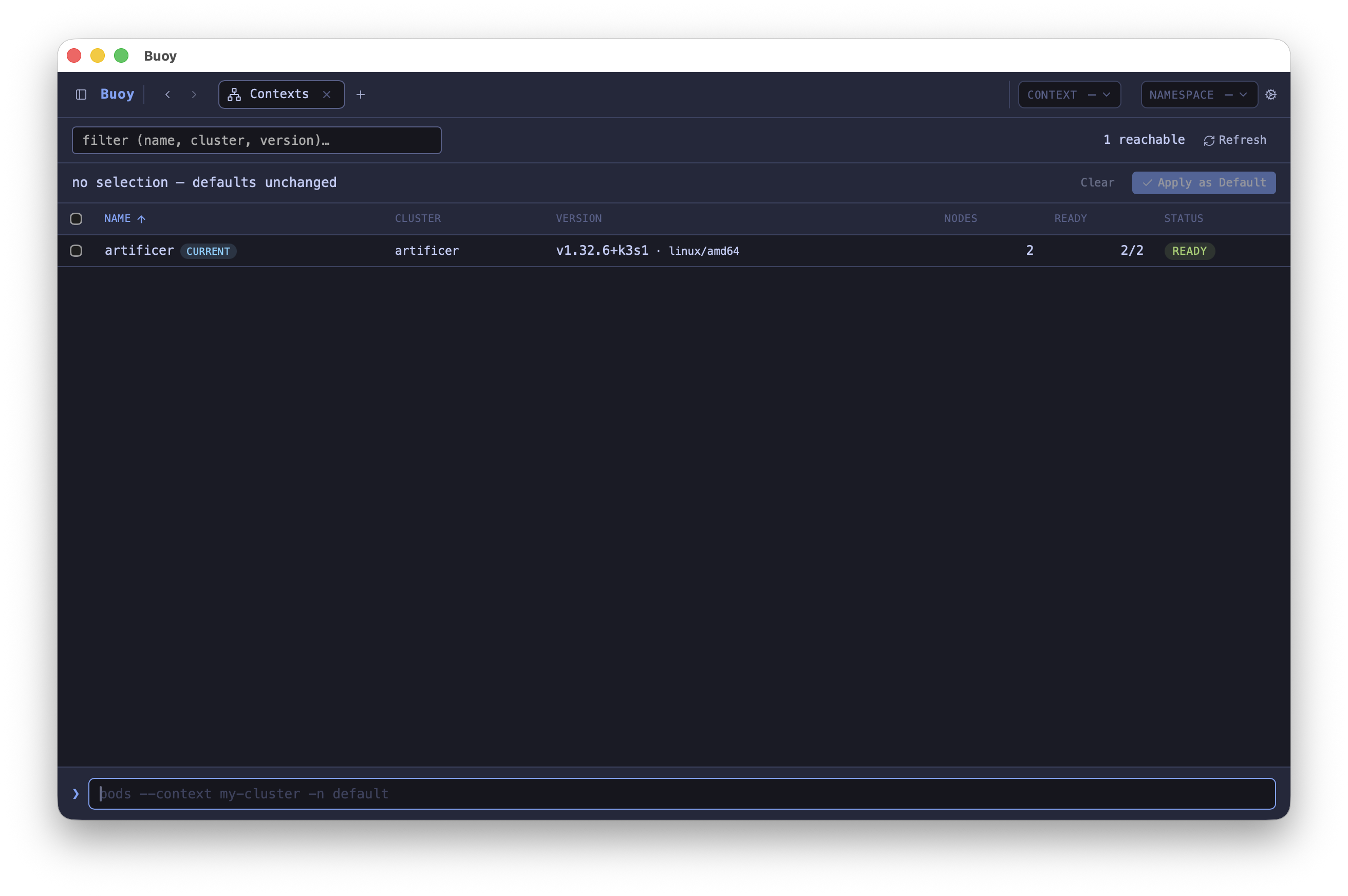 Cross-cluster contexts view showing reachability and node counts