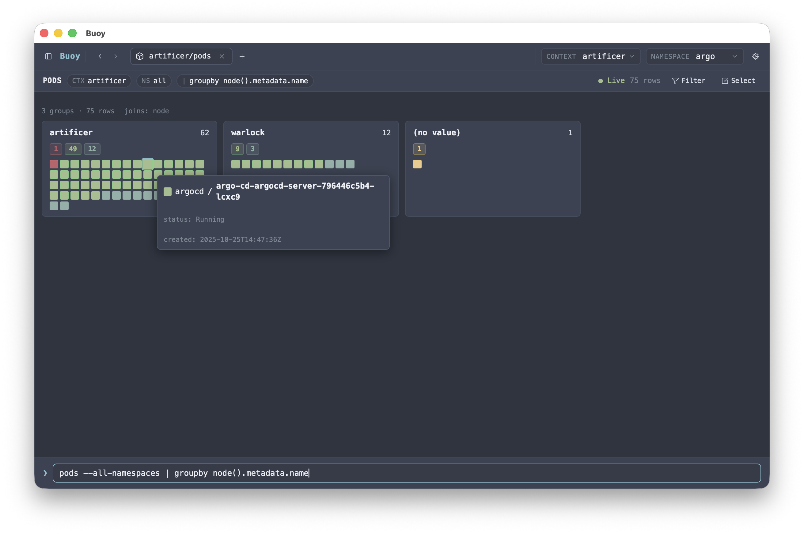 Pods grouped by namespace with one card per bucket and a colored square per pod