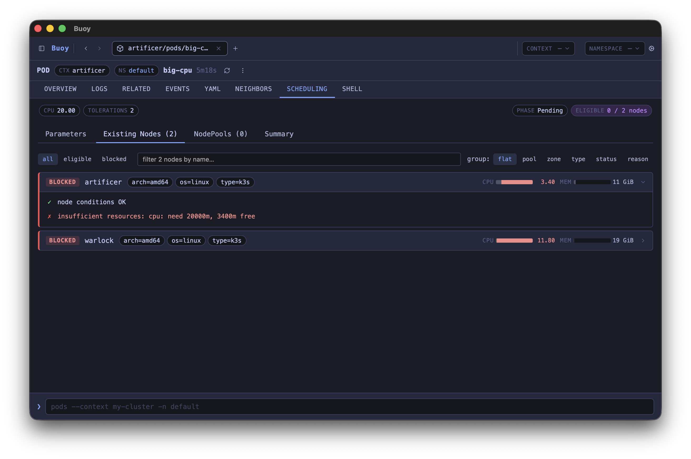 Scheduling explainer with grouped nodes and failing-rule callouts